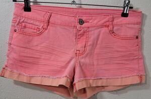L.E.I. Pink Orange Hot Pants Style Shorts 11 Worn Look Lightweight Frayed Hem